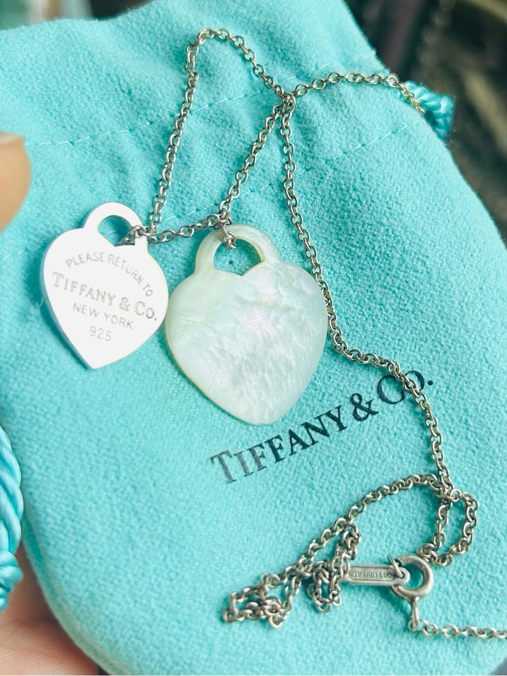 Tiffany & Co 💯% Auth Double Heart Tag 925 Sterling & Mother of Pearl Necklace